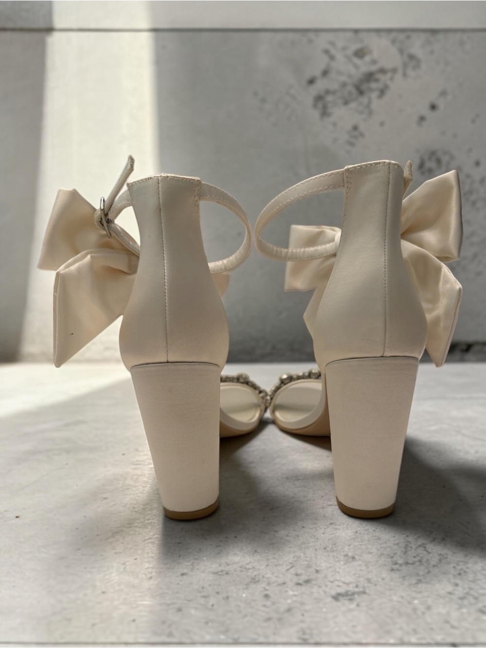 Oleg Cassini Ivory Satin Bow Ankle-Strap Block Heels - Picture 5 of 7